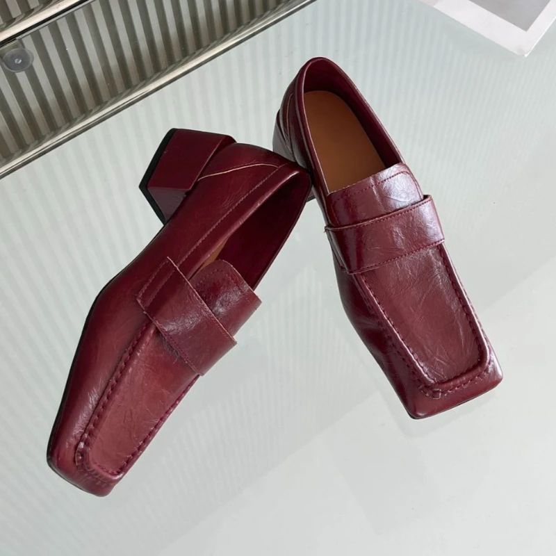 Leatherwork Designs - รองเท้าส้นหนาหัวเหลี่ยมสำหรับผู้หญิง รองเท้าหนังนิ่มแบบสวม สบายเท้า เหมาะสำหรับใส่ทำงาน สไตล์อังกฤษ
