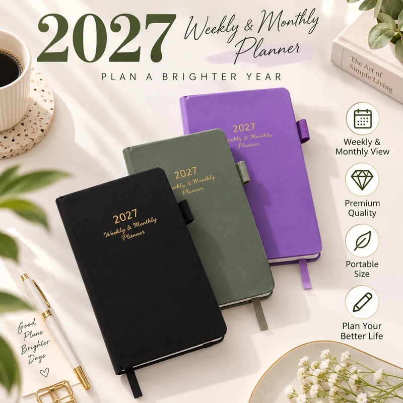 Leather Work Diary Covers - สมุดวางแผนรายสัปดาห์และรายเดือน ปี 2027 ปกหนัง พร้อมห่วงสำหรับใส่ปากกา ใช้สำหรับจัดตารางงานประจำวันในสำนักงาน